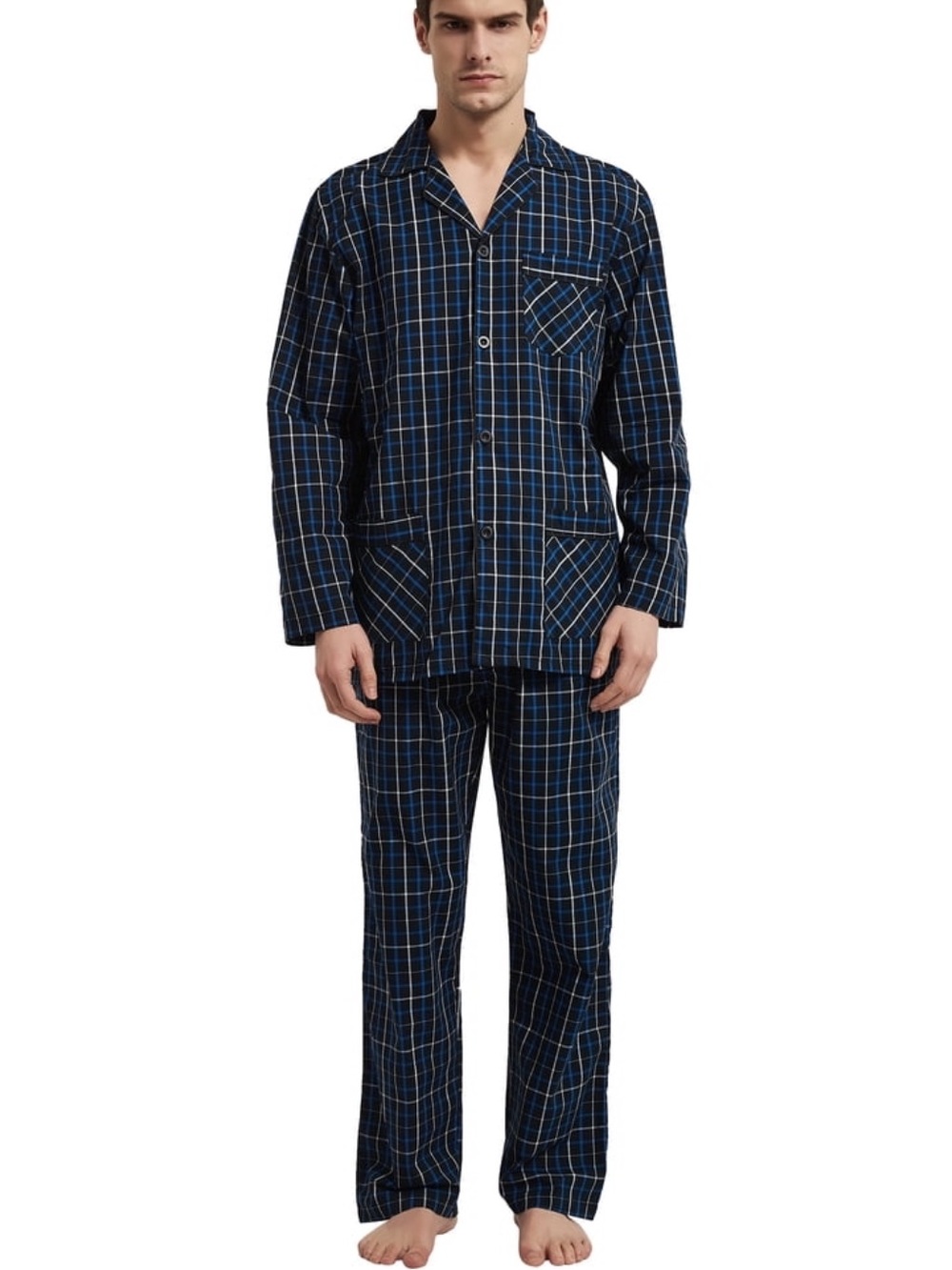 100% Cotton Men’s Navy Plaid Button-Down Casual Shirt